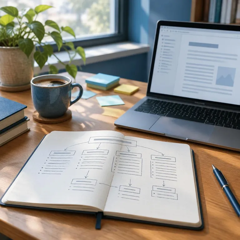 Scrivania con quaderno aperto che mostra la scaletta di un articolo SEO con titoli e sottotitoli, accanto a un portatile con la bozza