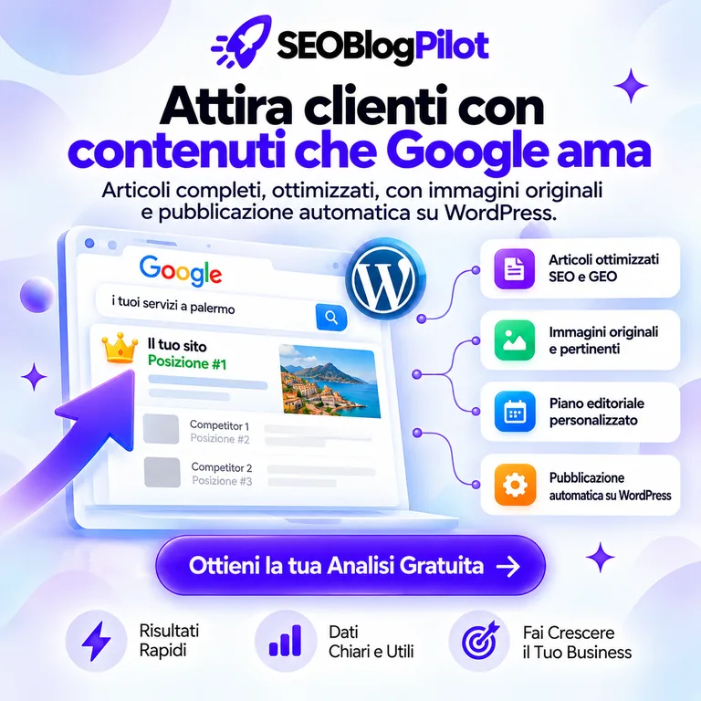 Contenuti SEO ottimizzati con immagini, link interni e pubblicazione automatica su WordPress