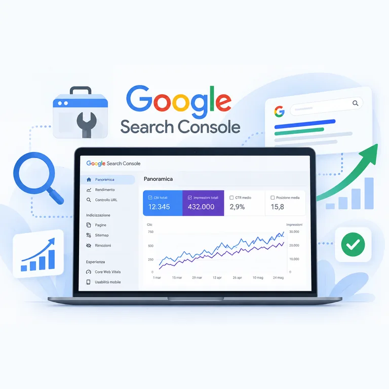 Dashboard di Google Search Console collegata a Seo Blog Pilot con clic, impressioni, posizione media e crescita SEO