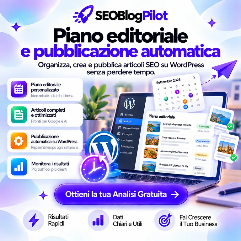Piano editoriale personalizzato con articoli SEO e pubblicazione automatica su WordPress